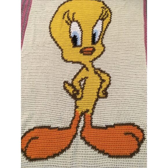 Tweety Bird Vtg Handmade Knit Crochet Baby Blanket Throw Nursery 40" X 70" - Picture 7 of 11